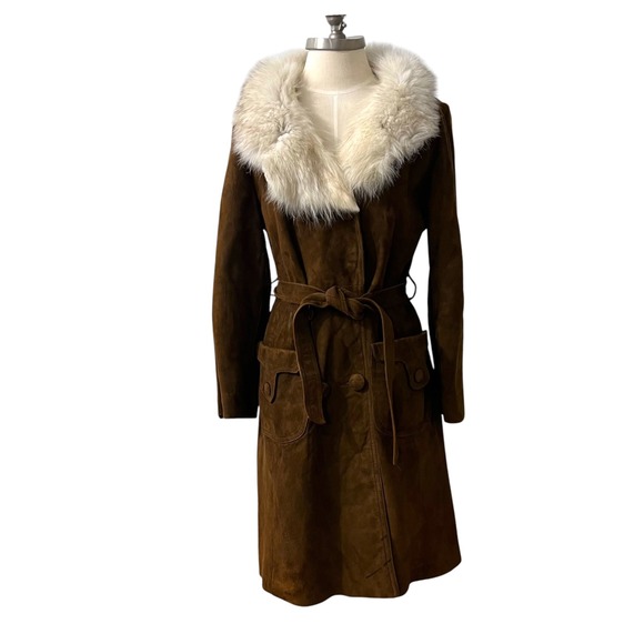 Vintage Brown Suede Trench Coat With White Fur Collar Belted 70s Penny Lane M - Picture 2 of 12